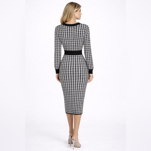 Houndstooth Midi Dress  Wear Long Sleeve Button Front super stretchy size S/M‎ - Picture 2 of 7
